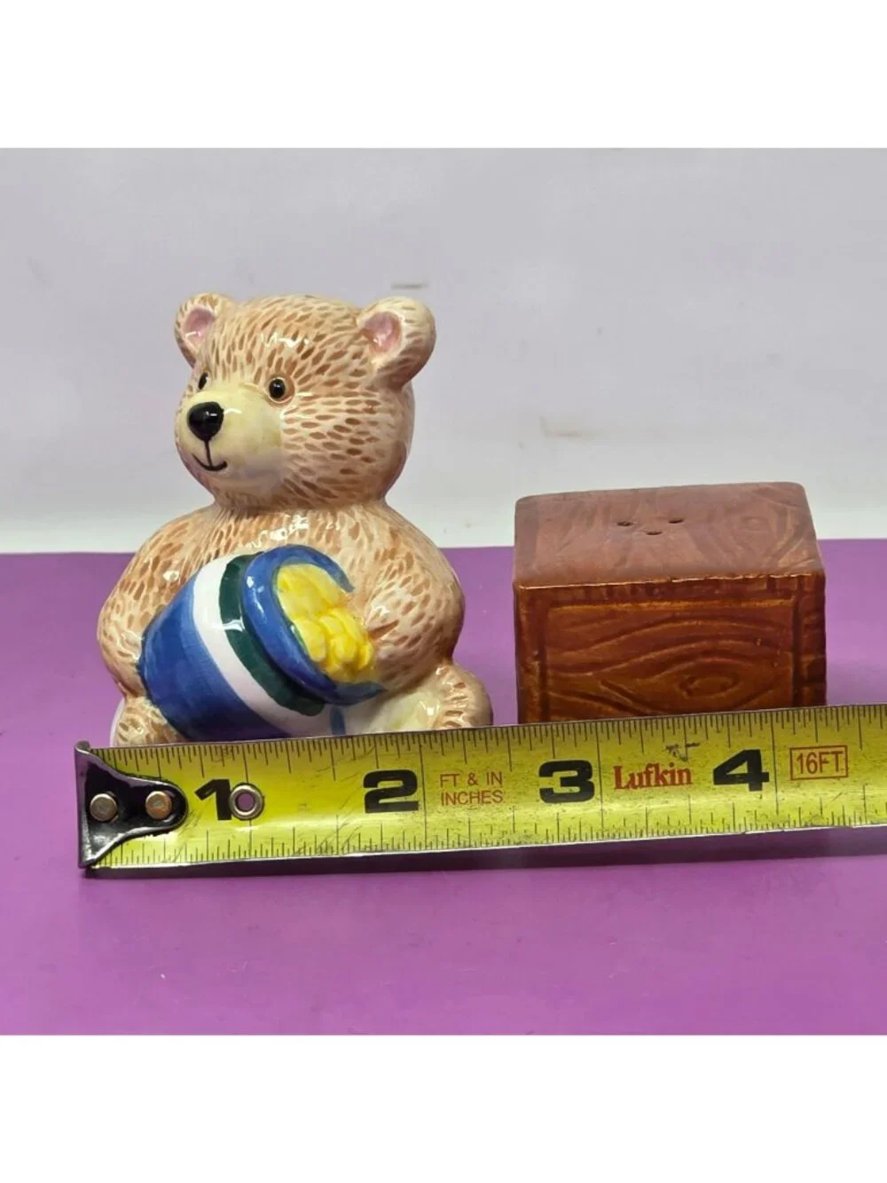 Ceramic Teddy Bear Honey Pot Salt Pepper Shakers Vintage Brown Blue Hand-Painted